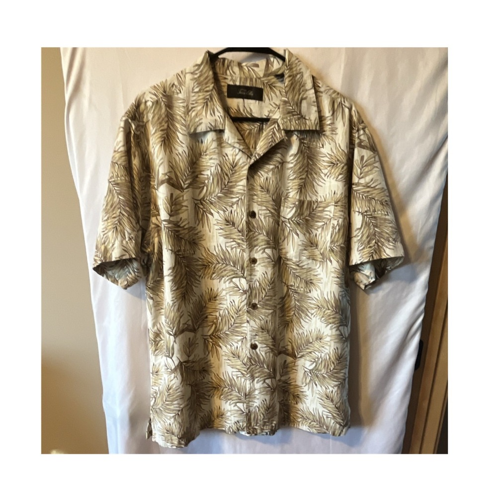 Tasso Elba Men's L Short Sleeve Silk Beige/Brown Leaf Print Button-Up Shirt